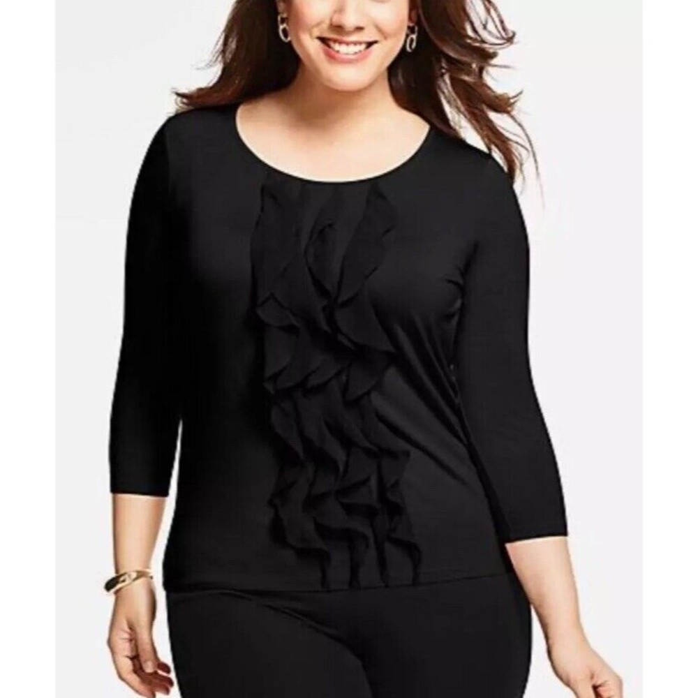 Talbots Top SZ 1X Black Lightweight Jersey Ruffle Panel Front 3/4 Sleeve Stretch